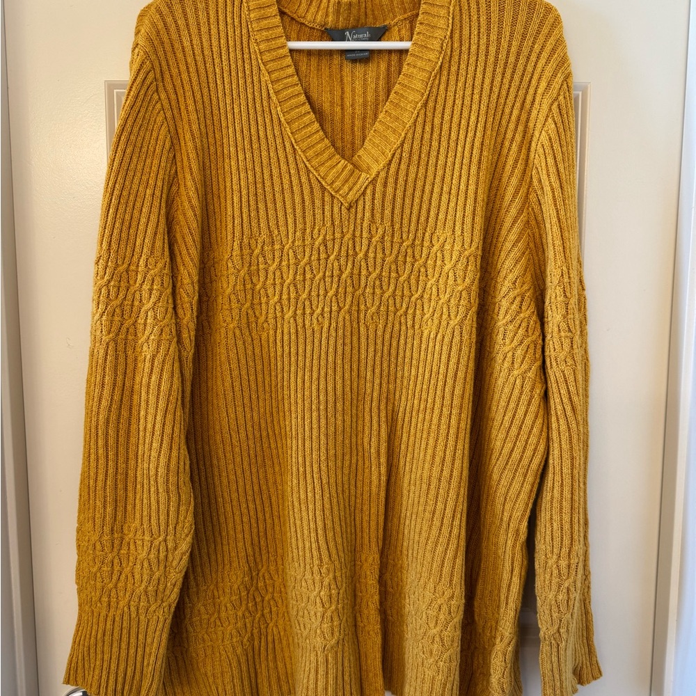 Mustard Yellow Gold V-Neck Oversized Cable Knit Sweater